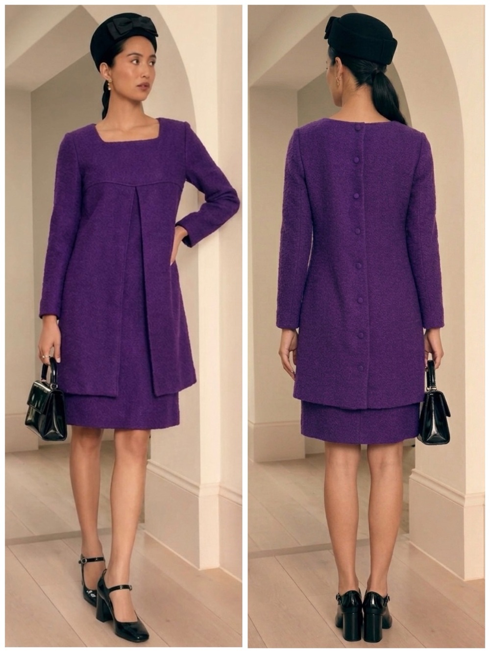 Vintage Purple 1960s Mod Pleat Tweed Shift Dress Size Small Mod Space Age Twiggy